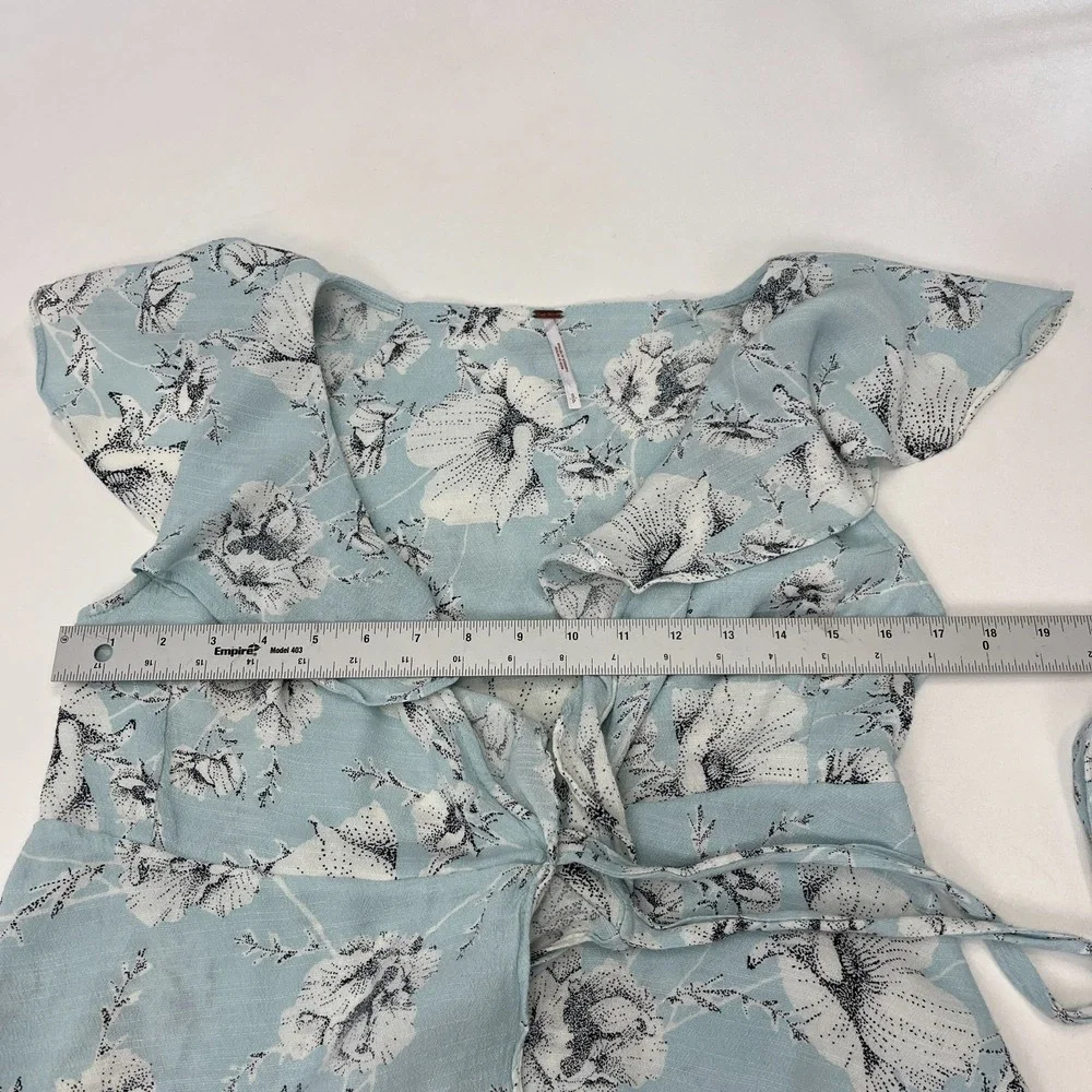 Free People French Quarter Wrap Dress Sz Small Blue White Floral Ruffle Mini